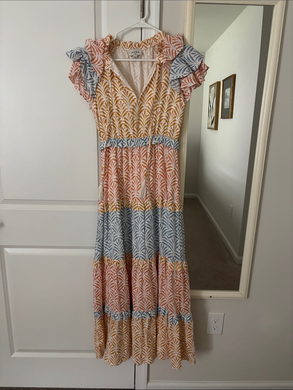 Aura Multicolor Tiered Maxi Dress - Blue, Peach & Mustard